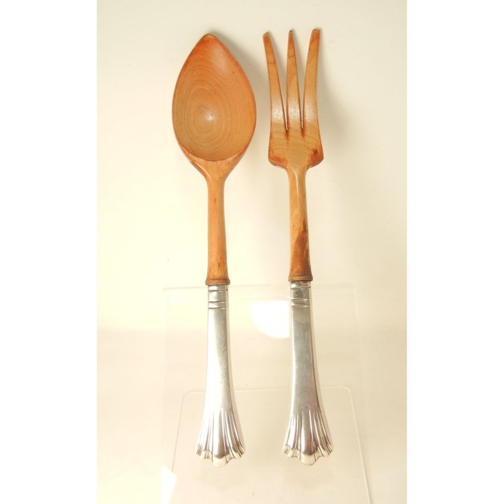 Sterling silver and wood salad servers, vintage salad servers, gift box